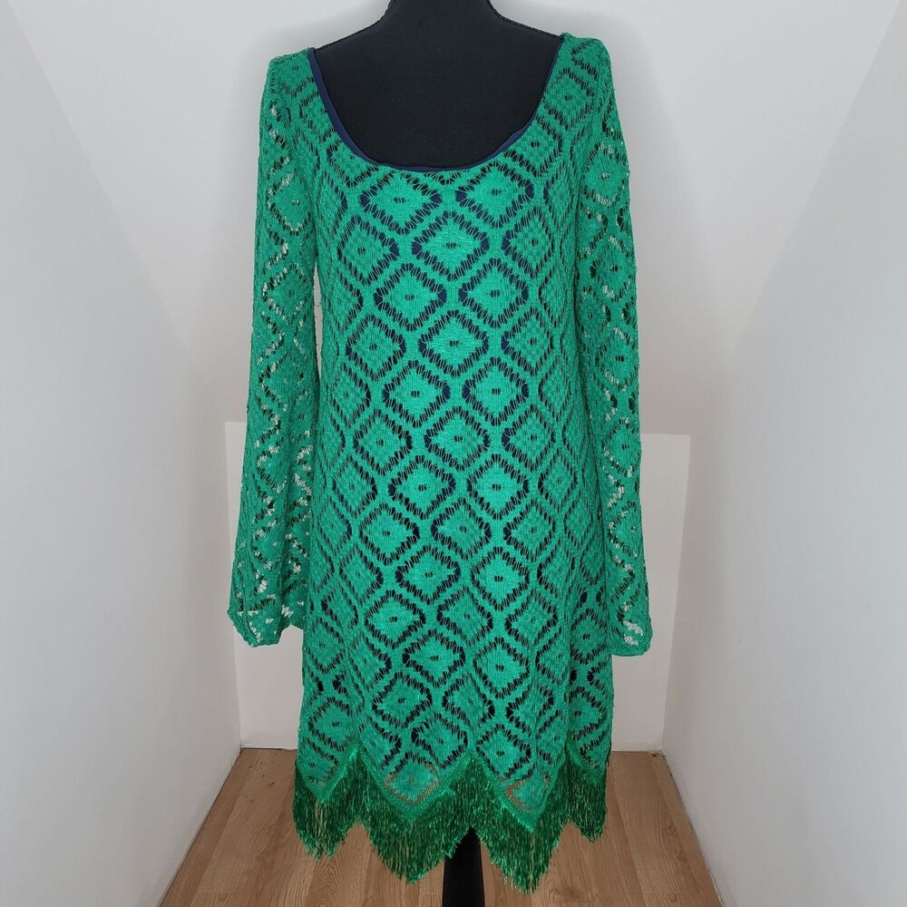 Judith March Dress L Green Crochet Knit Fringe Boho Bell Sleeve Made In USA